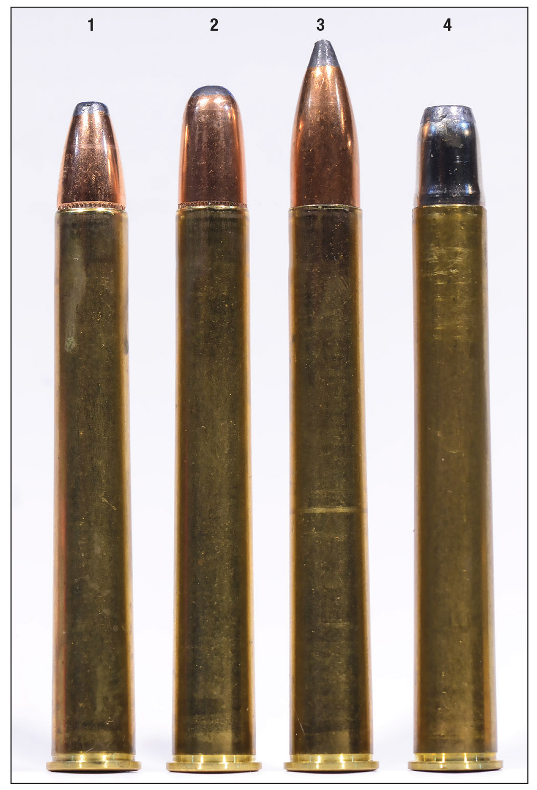 The 9x72R loaded with: (1) Speer 180-grain FN, (2) Hornady 200-grain RN and (3) Sierra 225-grain SBT. For comparison, a (4) factory RWS 9.3x72R. Note the dual-diameter RWS bullet.